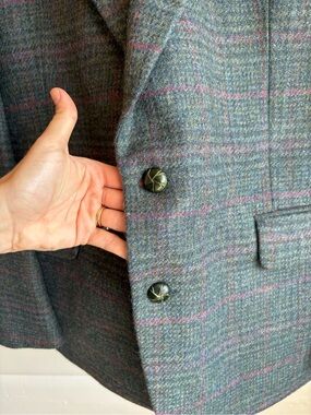 Vintage 100% Wool Tweed Windowpane Sport Coat Blazer 44R Old Money Mens